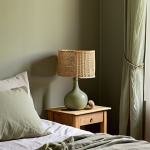 **A serene bedroom bathed in soft, warm light, showcasing a bed with organic linen sheets in sage green. A small bedside table made of light wood holds a sprig of dried lavender in a simple vase. In the background, sheer curtains filter natural light, casting gentle shadows on a wall painted in a neutral earthy tone. A small stone lamp sits on the table.**