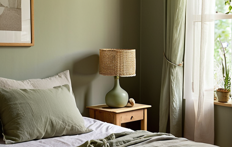 **A serene bedroom bathed in soft, warm light, showcasing a bed with organic linen sheets in sage green. A small bedside table made of light wood holds a sprig of dried lavender in a simple vase. In the background, sheer curtains filter natural light, casting gentle shadows on a wall painted in a neutral earthy tone. A small stone lamp sits on the table.**