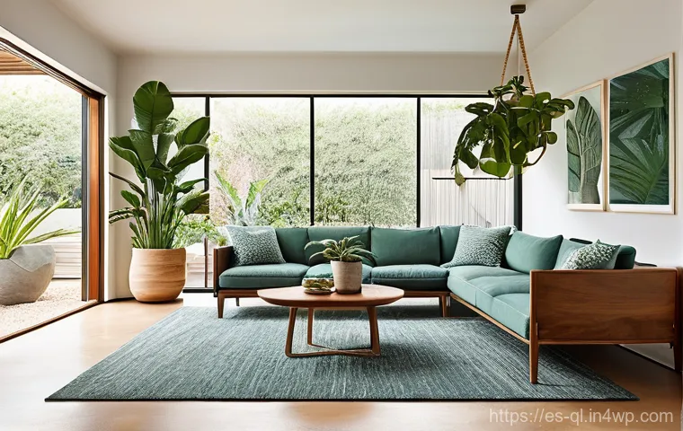 자연을 닮은 홈 데코 아이디어 - **Biophilic Living Room Oasis:**
    A serene and inviting living room designed with a strong biophi...