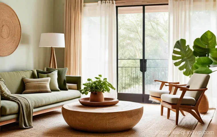 자연주의 홈 데코의 기본 원칙 - **A Serene Living Room Retreat with Earthy Tones and Natural Textures**
    "A sun-drenched, tranqui...