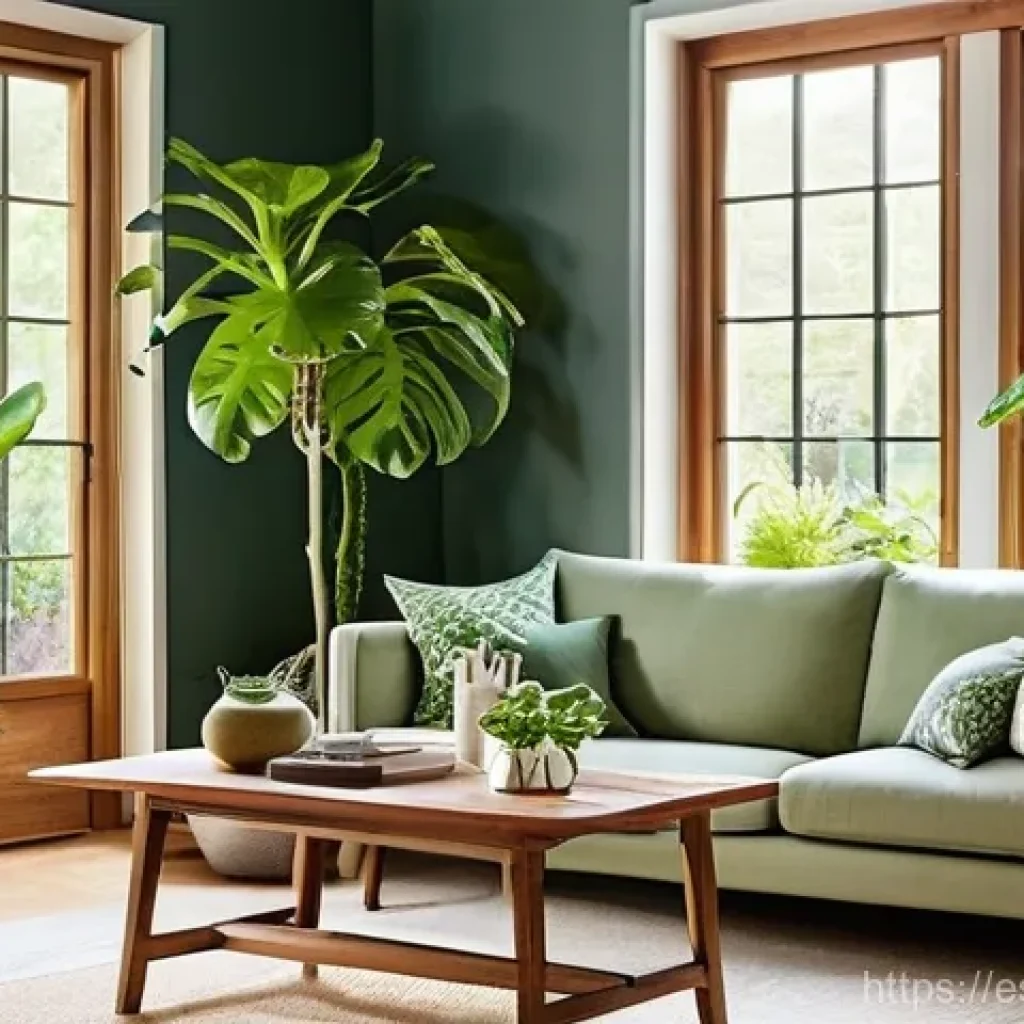 자연주의 인테리어에 적합한 주말 프로젝트 - **Prompt:** A cozy, sun-drenched living room designed with a strong biophilic influence. Lush, vibra...