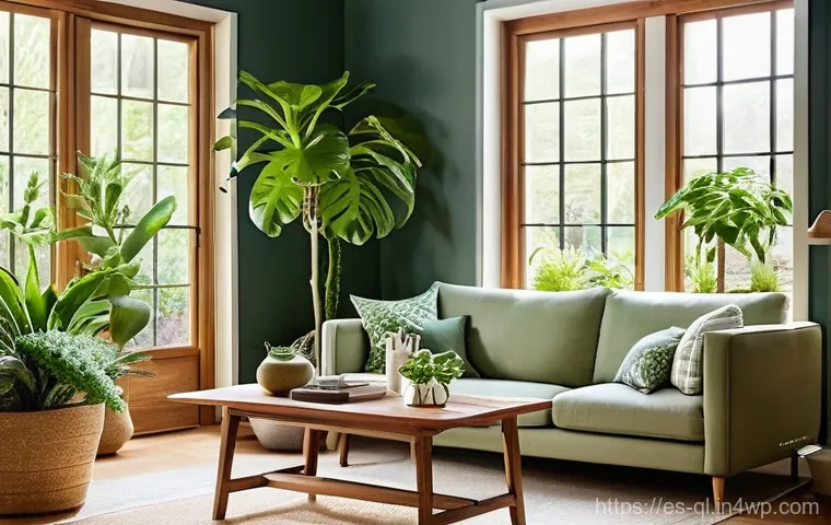자연주의 인테리어에 적합한 주말 프로젝트 - **Prompt:** A cozy, sun-drenched living room designed with a strong biophilic influence. Lush, vibra...