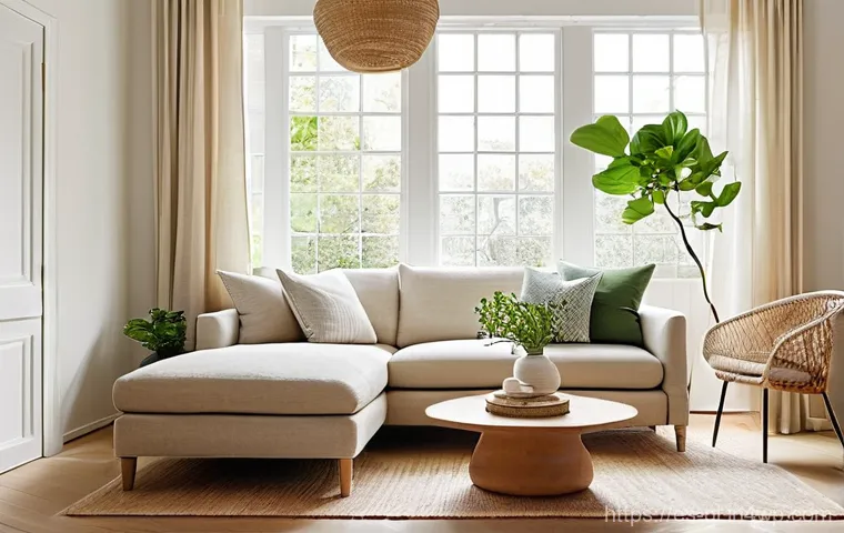 자연주의 인테리어로 변화시킨 작은 아파트 - **Prompt for Natural Light and Airy Serenity:**
    "A bright and serene small apartment living room...