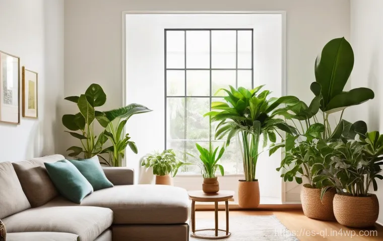 자연주의를 반영한 아늑한 공간 만들기 - **Prompt: The Green Oasis of Calm**
    A bright, inviting living room filled with lush indoor plant...