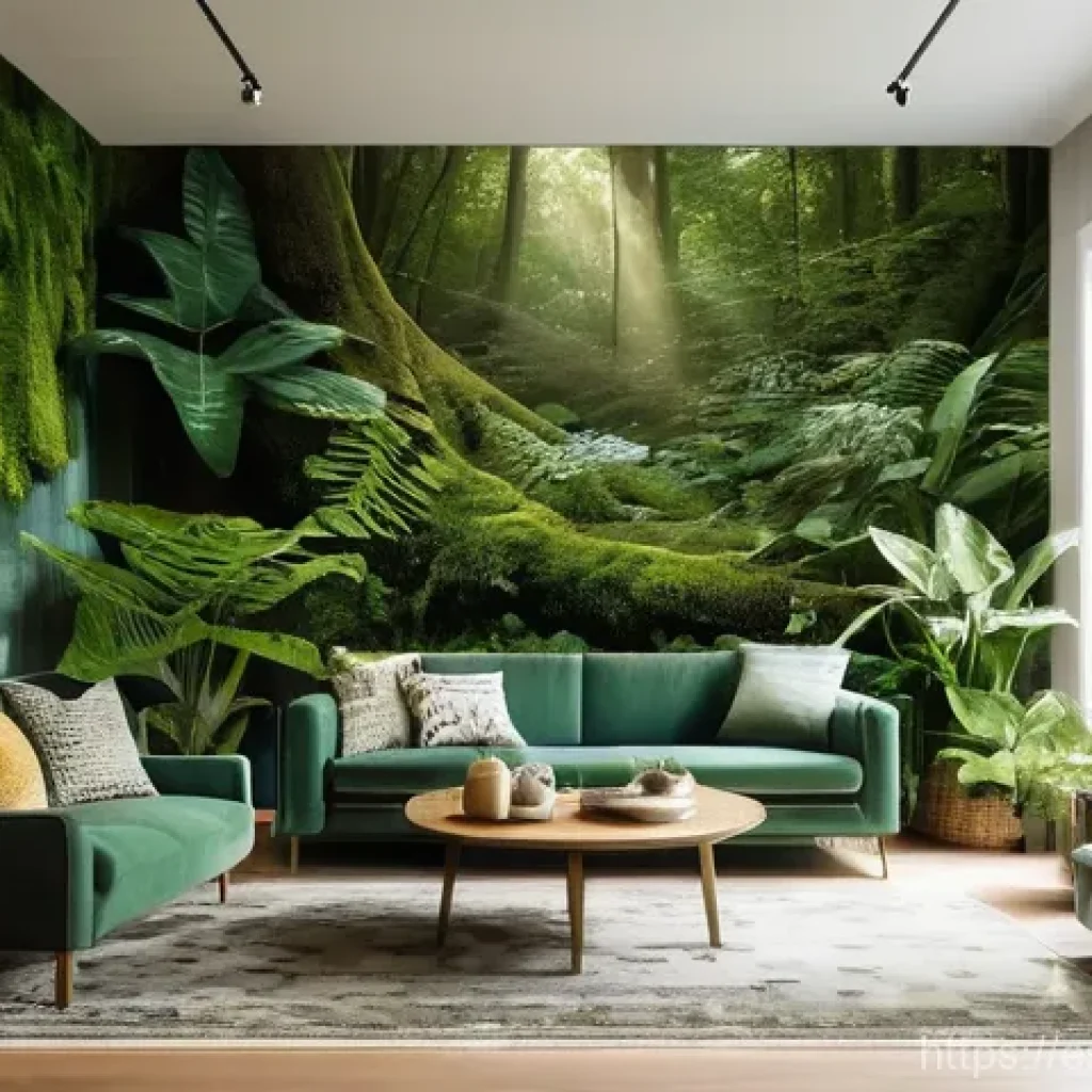 자연을 테마로 한 벽 아트 설치 방법 - **Enchanting Forest Living Room Retreat:** A photorealistic image of a stylish, modern living room b...