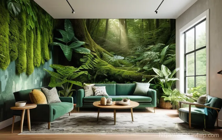 자연을 테마로 한 벽 아트 설치 방법 - **Enchanting Forest Living Room Retreat:** A photorealistic image of a stylish, modern living room b...