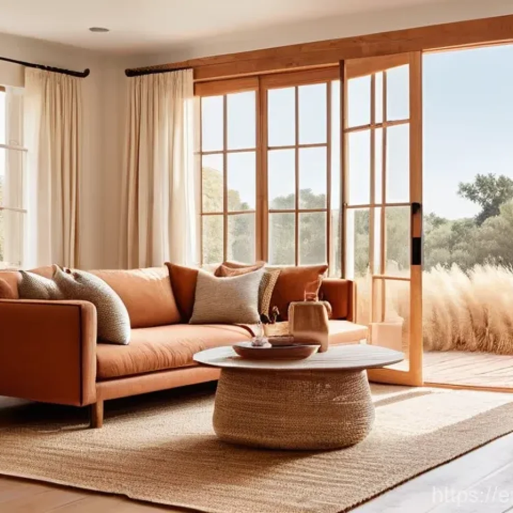자연주의 홈 데코에서의 색상 심리학 - **Earthy Warmth Living Room:** A tranquil, sun-drenched living room infused with a sense of rootedne...