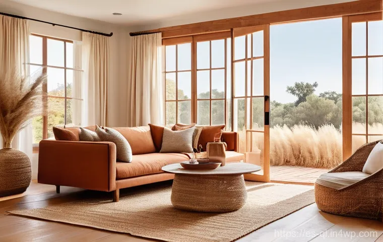 자연주의 홈 데코에서의 색상 심리학 - **Earthy Warmth Living Room:** A tranquil, sun-drenched living room infused with a sense of rootedne...