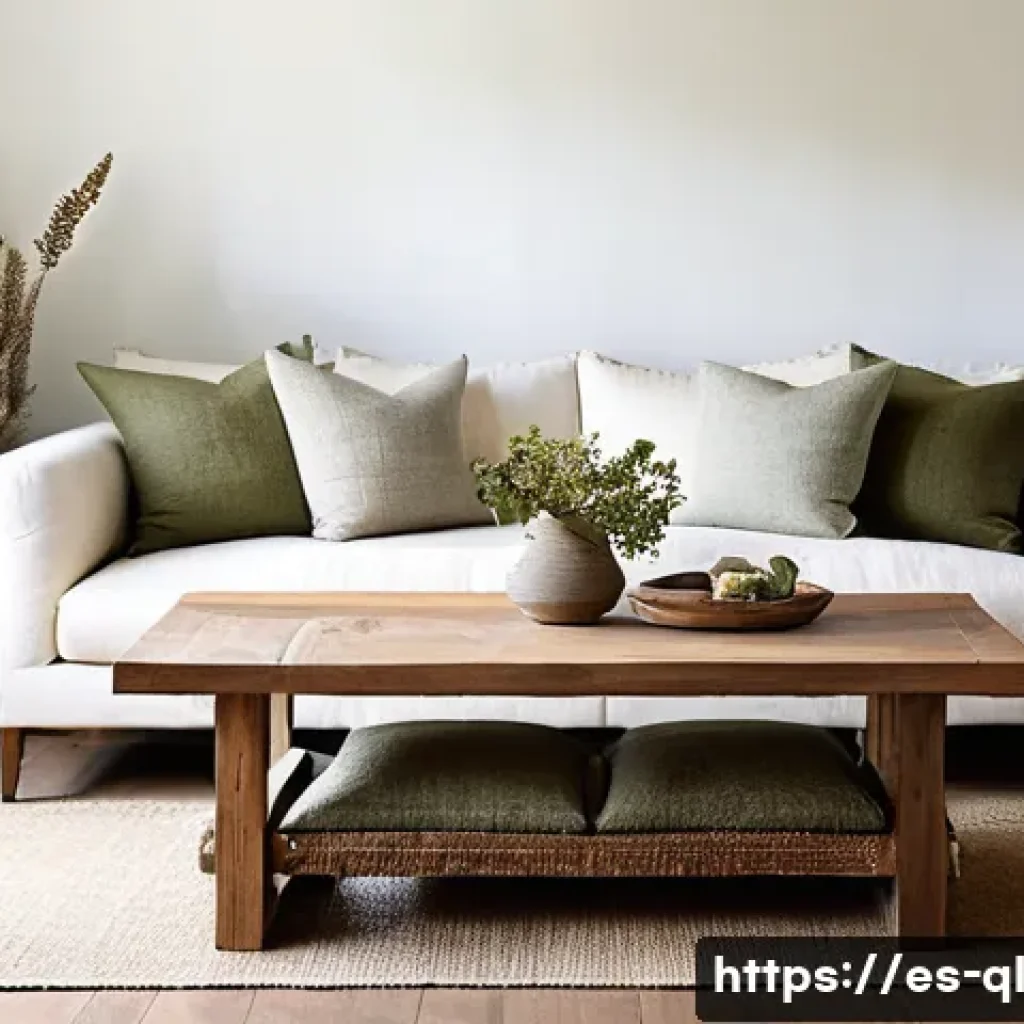 자연을 주제로 한 가구 브랜드 소개 - **A cozy living room featuring a large, rustic coffee table made from reclaimed, untreated oak wood....