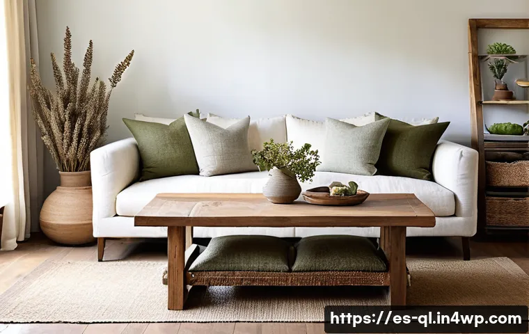 자연을 주제로 한 가구 브랜드 소개 - **A cozy living room featuring a large, rustic coffee table made from reclaimed, untreated oak wood....