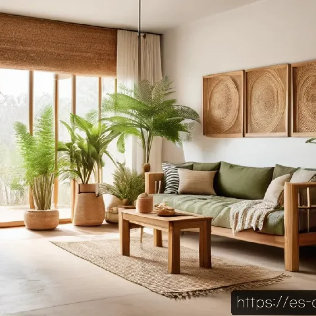 자연주의 홈 데코의 개인적 터치 추가하기 - A cozy living room interior featuring sustainable wooden furniture made of recycled wood and bamboo,...