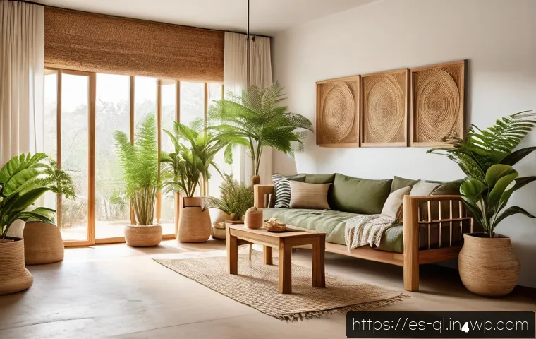 자연주의 홈 데코의 개인적 터치 추가하기 - A cozy living room interior featuring sustainable wooden furniture made of recycled wood and bamboo,...