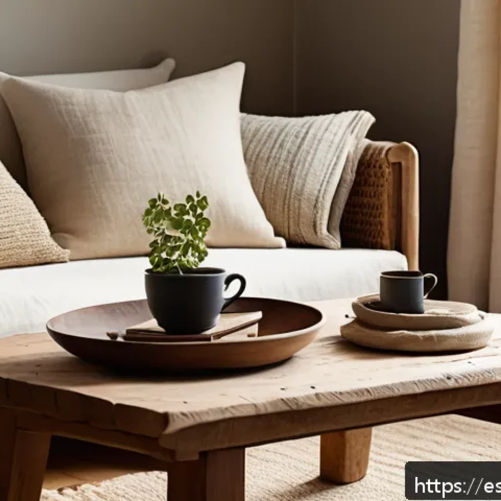 자연주의 홈 데코에 사용되는 천연 섬유 - A cozy living room scene featuring a natural fiber sofa draped with soft linen fabric, surrounded by...
