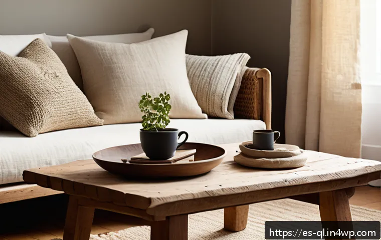 자연주의 홈 데코에 사용되는 천연 섬유 - A cozy living room scene featuring a natural fiber sofa draped with soft linen fabric, surrounded by...