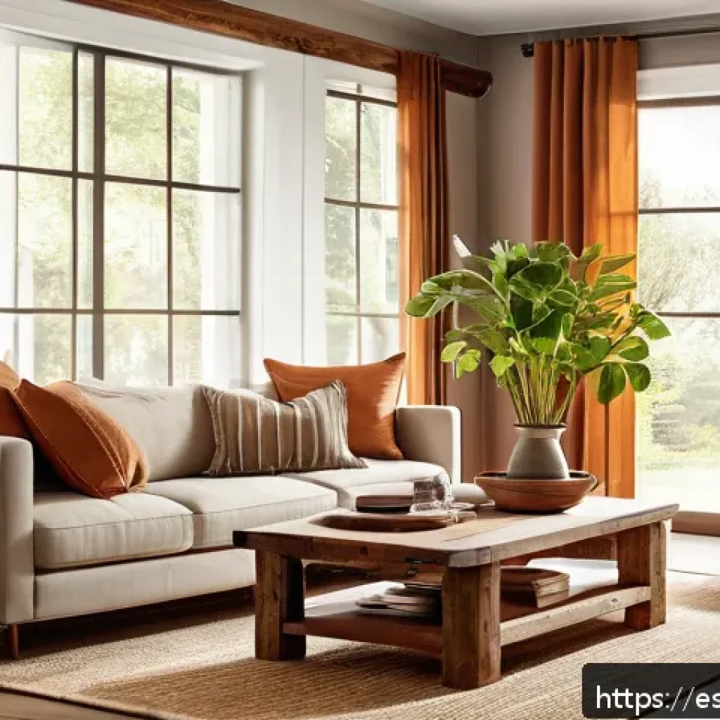 친환경 소재로 제작된 인테리어 제품 - A cozy living room interior featuring furniture made from reclaimed wood with rich textures and warm...