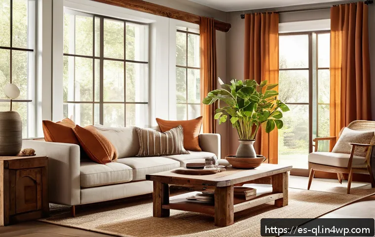 친환경 소재로 제작된 인테리어 제품 - A cozy living room interior featuring furniture made from reclaimed wood with rich textures and warm...