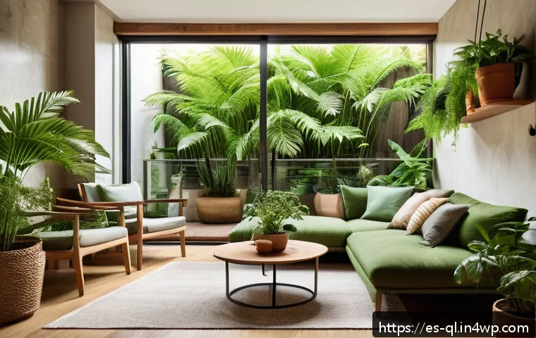 자연주의 디자인의 장점과 특징 - A cozy urban living room featuring untreated wooden furniture with visible grain textures, moss-gree...