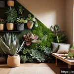 Home 19 자연을 활용한 특색 있는 벽 장식 - A bright, cozy living room corner featuring a vertical garden wall composed of diverse succulents an...