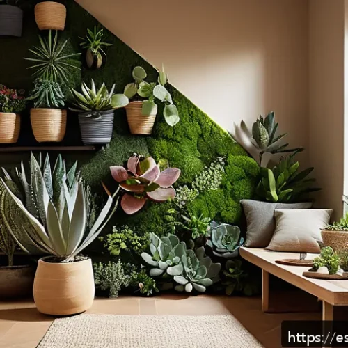 Home 31 자연을 활용한 특색 있는 벽 장식 - A bright, cozy living room corner featuring a vertical garden wall composed of diverse succulents an...