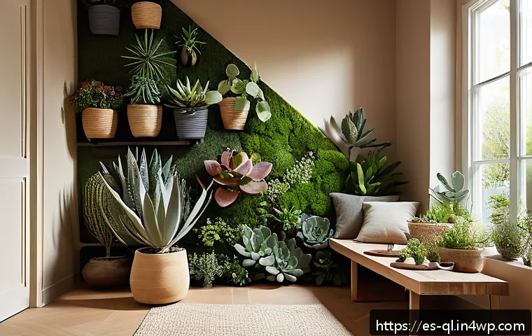 자연을 활용한 특색 있는 벽 장식 - A bright, cozy living room corner featuring a vertical garden wall composed of diverse succulents an...
