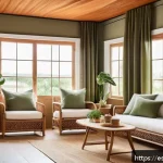 Home 23 자연주의 인테리어에서의 공간 관리 - A cozy living room interior featuring recycled wood furniture with natural matte finishes, woven rat...