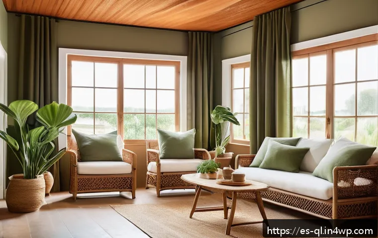 자연주의 인테리어에서의 공간 관리 - A cozy living room interior featuring recycled wood furniture with natural matte finishes, woven rat...