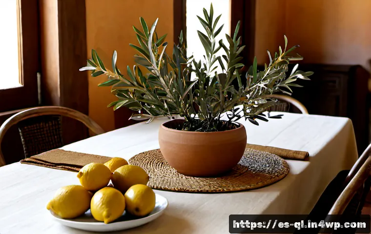 Home 17 자연주의 인테리어에서의 테이블 꾸미기 - Photorealistic natural-style dining table in a sunlit Spanish Mediterranean home, solid light oak ta...