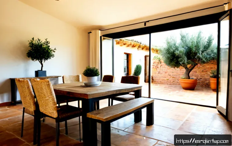 Home 17 자연주의와 산업적 스타일의 융합 - Photorealistic Spanish Mediterranean living room blending natural and industrial style, reclaimed oa...